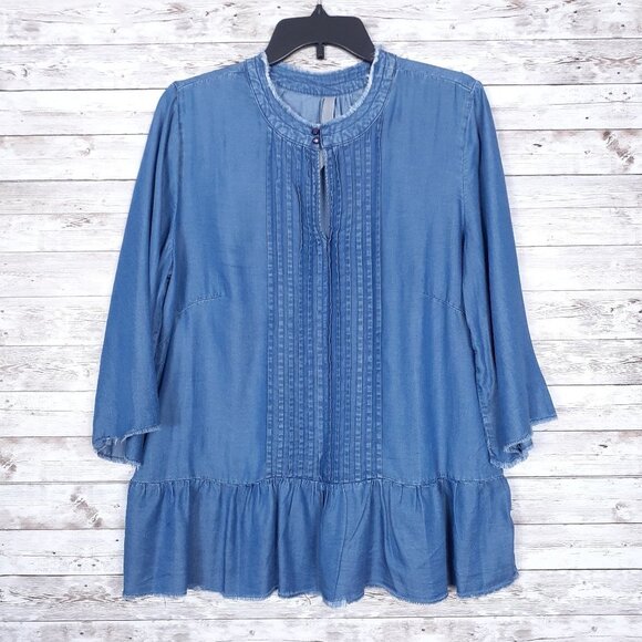 Melissa McCarthy Seven7 Chambray Top L Peplum Raw Edge 265 - Picture 1 of 7